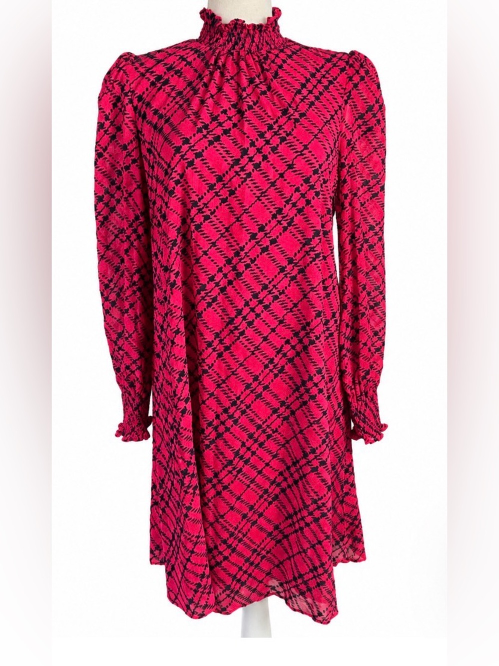 Womens Red Plaid Mock-Neck Long Sleeve Dress